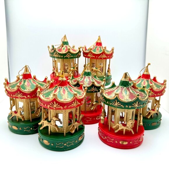 Vintage Christmas Carousel Horse Ornaments Set Of 7 - 4"x3" Red & Green - Picture 2 of 10